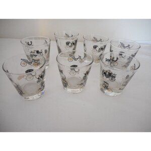 Vintage Lot 6 Libbey Old fashioned Glasses Black Gold Horseless Carriages Cars